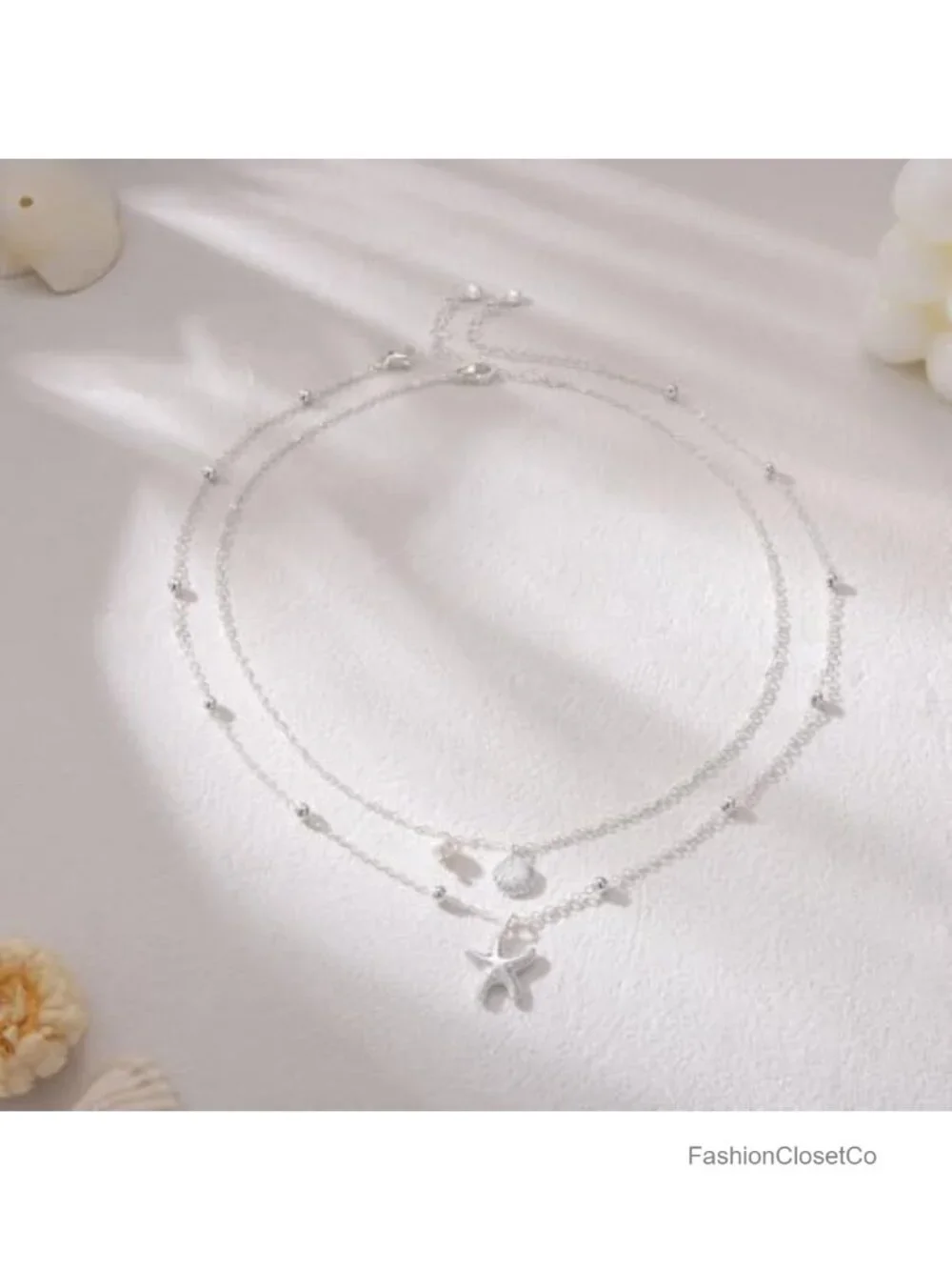 White Gold Plated Brass Shell Starfish Pearl Layered Necklace Waterproof